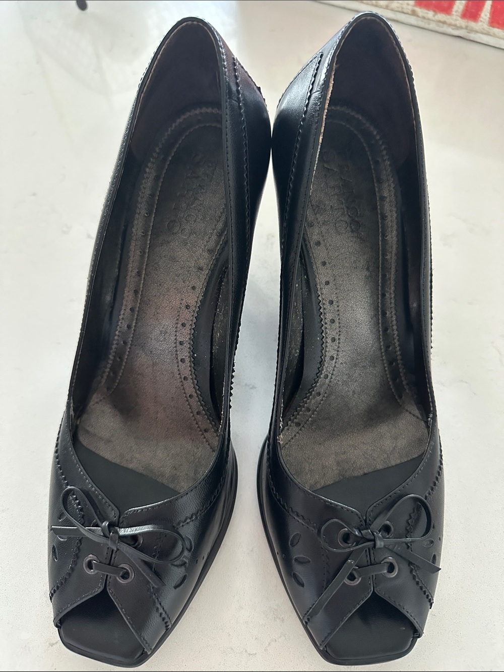 Franco Sarto Black Leather Women's Peep-Toe Wedge Pump with Bow